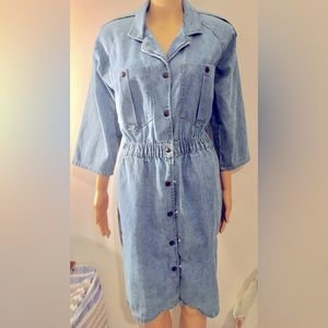Vintage Ideas Denim Jean Snap Dress Elastic Waist Pockets Blue Wash size Medium